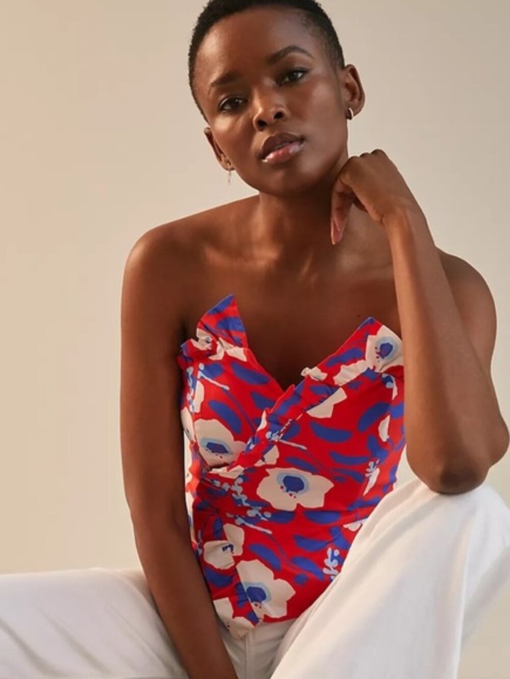Anthropologie Hutch Strapless Ruffle Top size 0/ blue/red/white